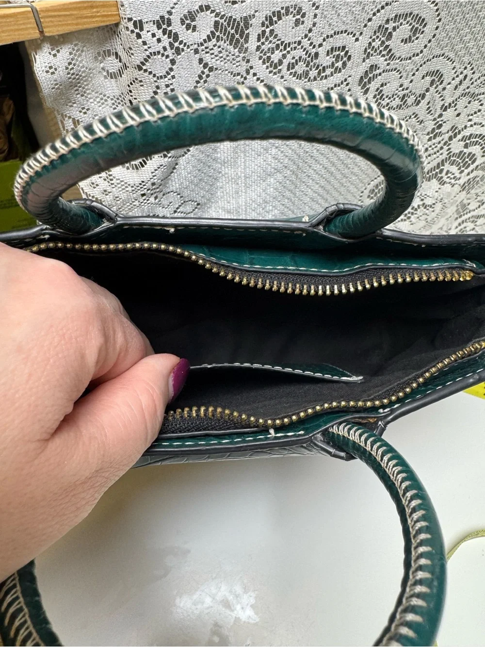 Green Croc-Embossed Mini Crossbody Bag. Whipstitch Handles- 9” Handbag